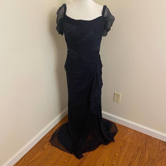 NEW Tadashi Shoji Navy Silk Beaded Maxi Formal Dress Size 8 - Picture 2 of 9